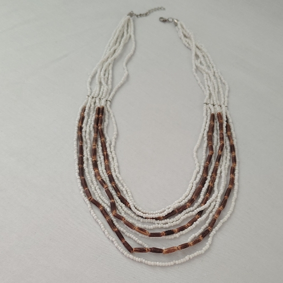 Multi-Strand White and Brown Beaded Statement Necklace - Picture 6 of 7